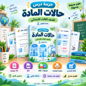 حزمة درس حالات المادة للصف الثالث الابتدائي | تحضير + أنشطة + أوراق عمل + تقويم PDF وWord